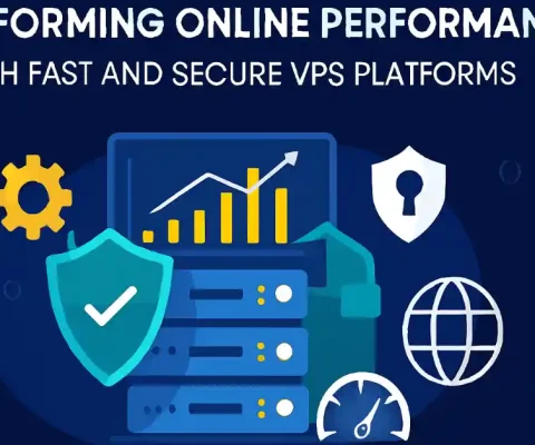 Illustration Of Secure Linux Vps With Performance Graph, Shields, Speedometer, And Global Connectivity Icons