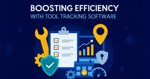 Illustration of tool tracker software with checklist, wrench, shield, graph, calendar, and speedometer icons