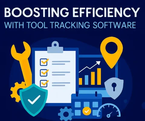 Illustration Of Tool Tracker Software With Checklist, Wrench, Shield, Graph, Calendar, And Speedometer Icons