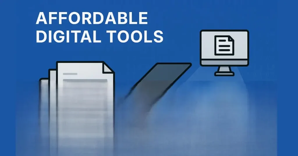 Blue banner illustration of affordable digital tools with stacked paper documents transitioning to a computer screen displaying a file,