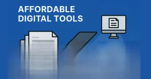 Blue banner illustration of affordable digital tools with stacked paper documents transitioning to a computer screen displaying a file,
