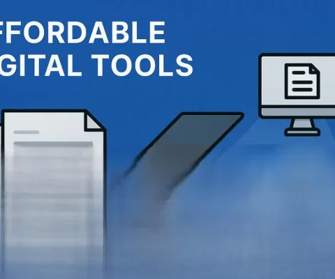 Blue Banner Illustration Of Affordable Digital Tools With Stacked Paper Documents Transitioning To A Computer Screen Displaying A File,