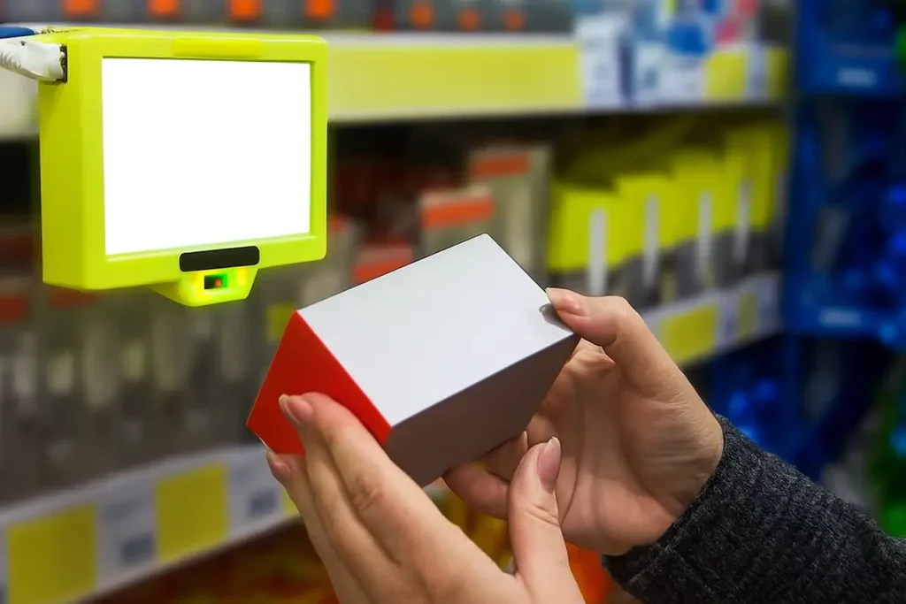 A shopper scans a product using a yellow electronic shelf label device in a retail store, illustrating ESL technology in a B2B setting.