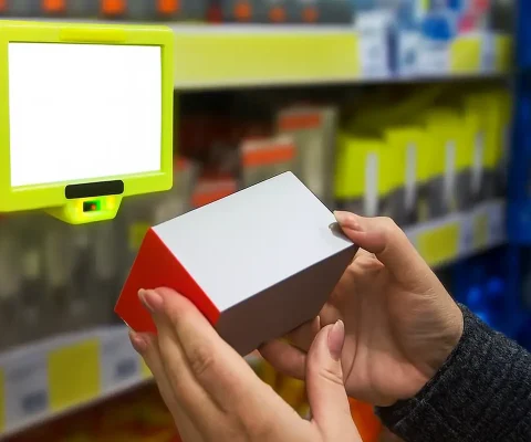 A Shopper Scans A Product Using A Yellow Electronic Shelf Label Device In A Retail Store, Illustrating Esl Technology In A B2B Setting.