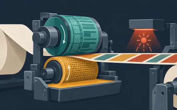 Illustration Of A Flexo Press Cross-Section Showing A Plate Cylinder And Anilox Roller Applying Ink To Material As It Passes Through, With A Drying Stage