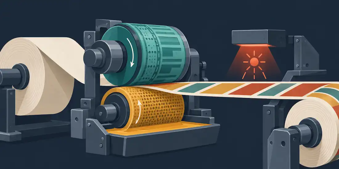 Flexo Printing Equipment For Industrial Packaging: A Practical Buying Guide 1 Illustration Of A Flexo Press Cross-Section Showing A Plate Cylinder And Anilox Roller Applying Ink To Material As It Passes Through, With A Drying Stage