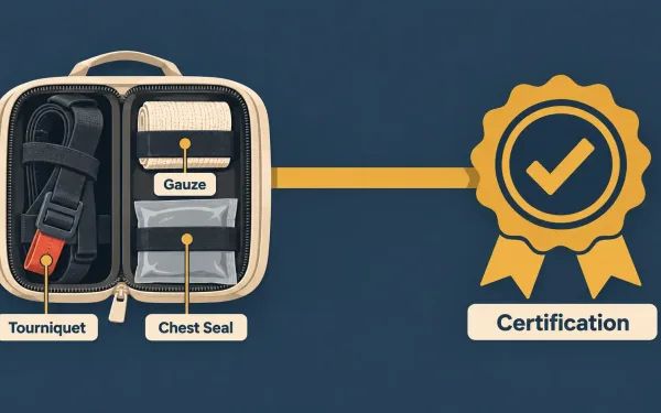 Illustration Of An Open Trauma Kit Pouch Directly Connected To A Certification Badge, Representing That Equipment And Training Are Inseparable