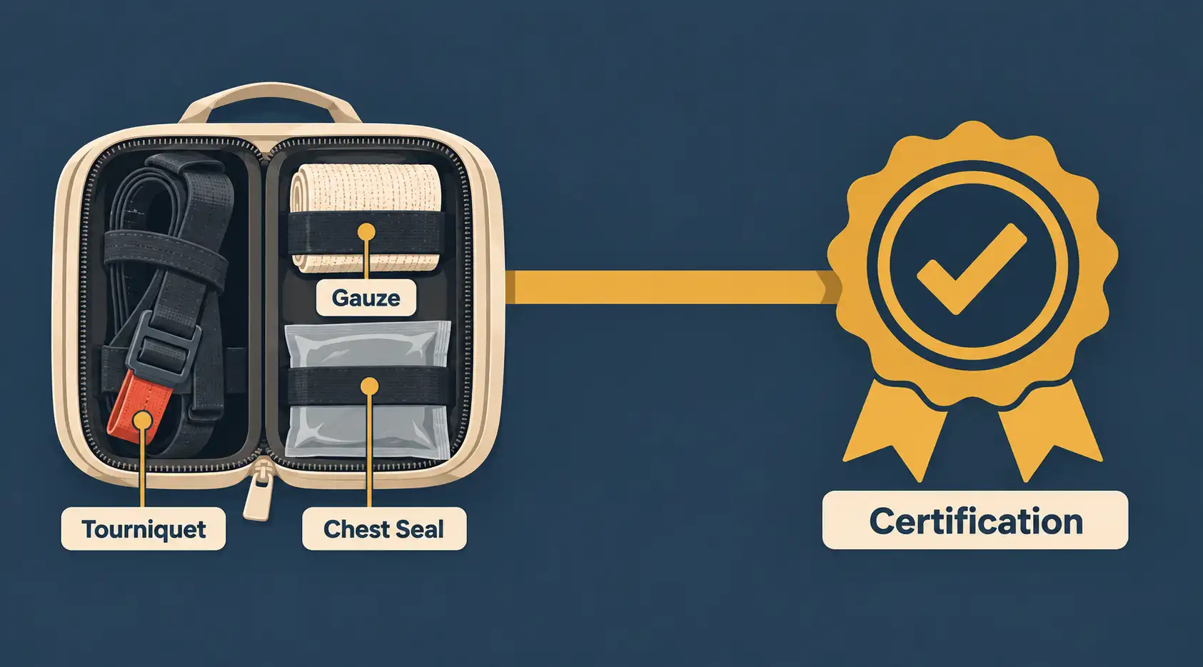 Illustration Of An Open Trauma Kit Pouch Directly Connected To A Certification Badge, Representing That Equipment And Training Are Inseparable