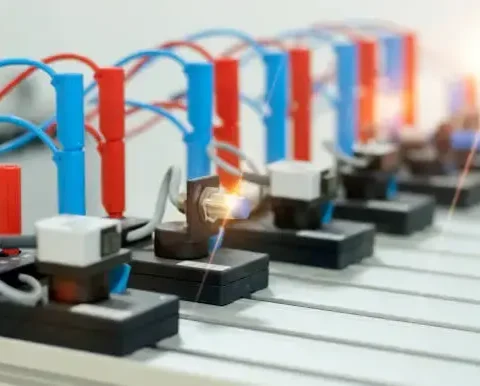 Illuminated Proximity Sensor Circuits On A White Surface, Showcasing Industrial Automation Setups With Wires, Switches, And Battery Holders.