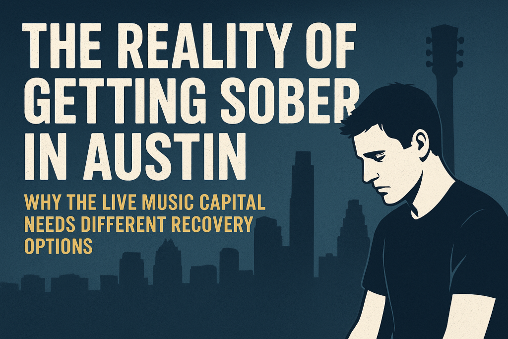 Illustration of a thoughtful man against the Austin skyline with a guitar silhouette — representing the challenge of getting sober in Austin, the Live Music Capital of the World.