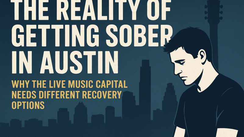 Illustration of a thoughtful man against the Austin skyline with a guitar silhouette — representing the challenge of getting sober in Austin, the Live Music Capital of the World.