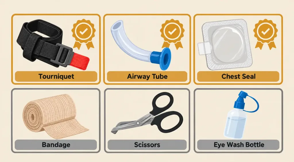 Constructing The Ideal Outdoor First Aid Kit: What Businesses Actually Need 2 Illustration Separating Trauma Equipment Requiring Certified Training (Tourniquet, Airway Tube, Chest Seal) From General First-Aid Items That Don'T