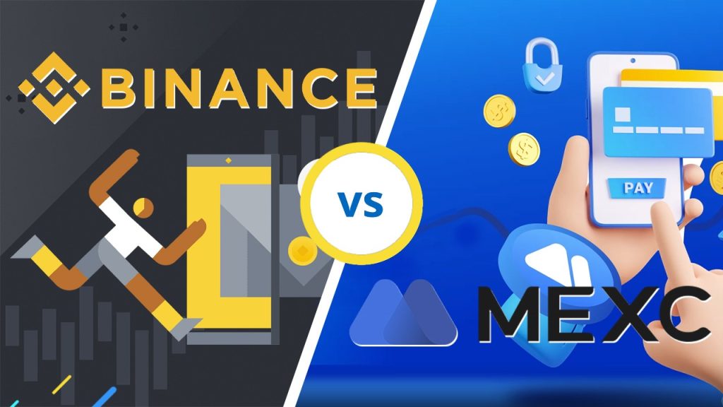 Illustration comparing Binance and MEXC with a runner entering a door and a hand tapping a pay button on a phone.