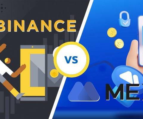 Illustration Comparing Binance And Mexc With A Runner Entering A Door And A Hand Tapping A Pay Button On A Phone.