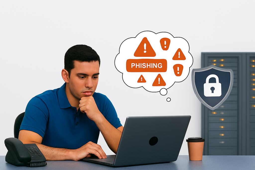 Realistic image of a cybersecurity analyst in a blue polo reviewing phishing alerts and job application data to prevent IT recruitment fraud