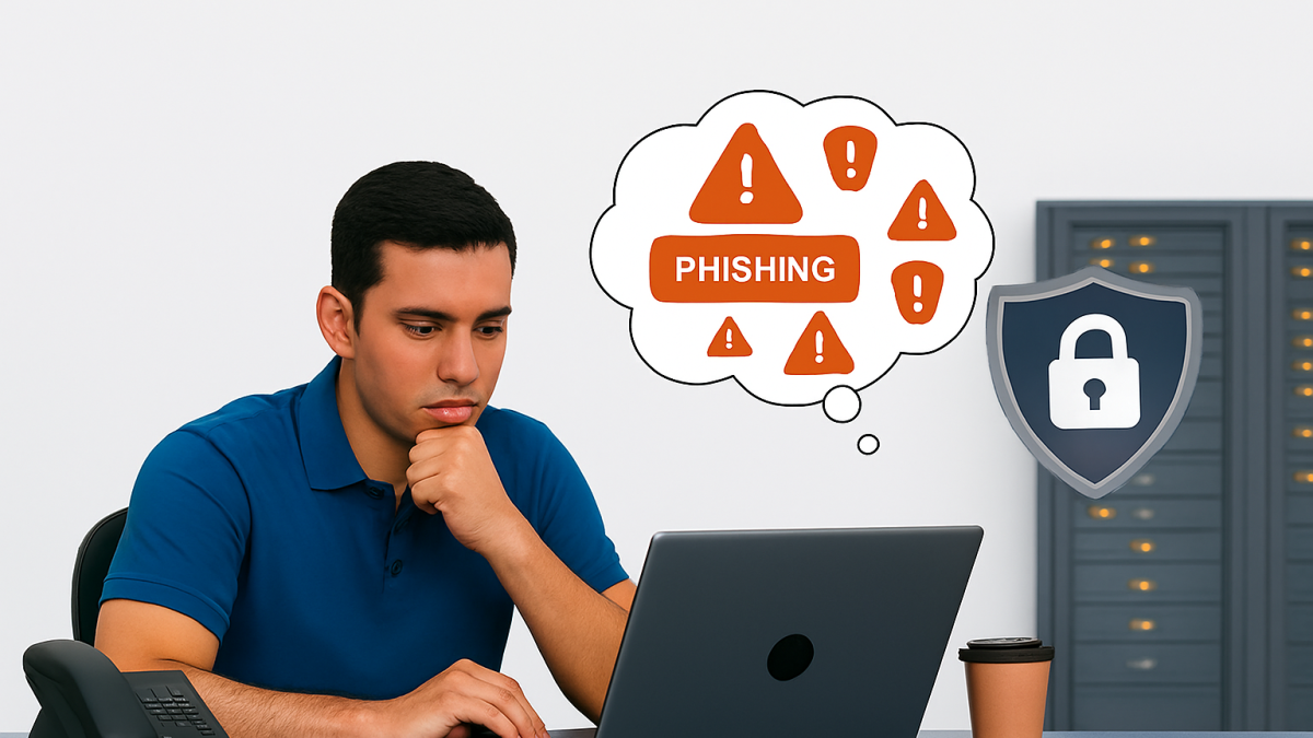 Realistic image of a cybersecurity analyst in a blue polo reviewing phishing alerts and job application data to prevent IT recruitment fraud