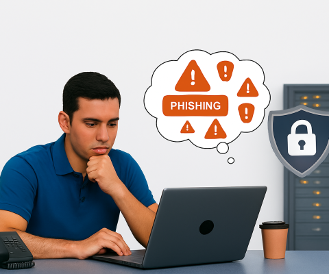 Realistic image of a cybersecurity analyst in a blue polo reviewing phishing alerts and job application data to prevent IT recruitment fraud