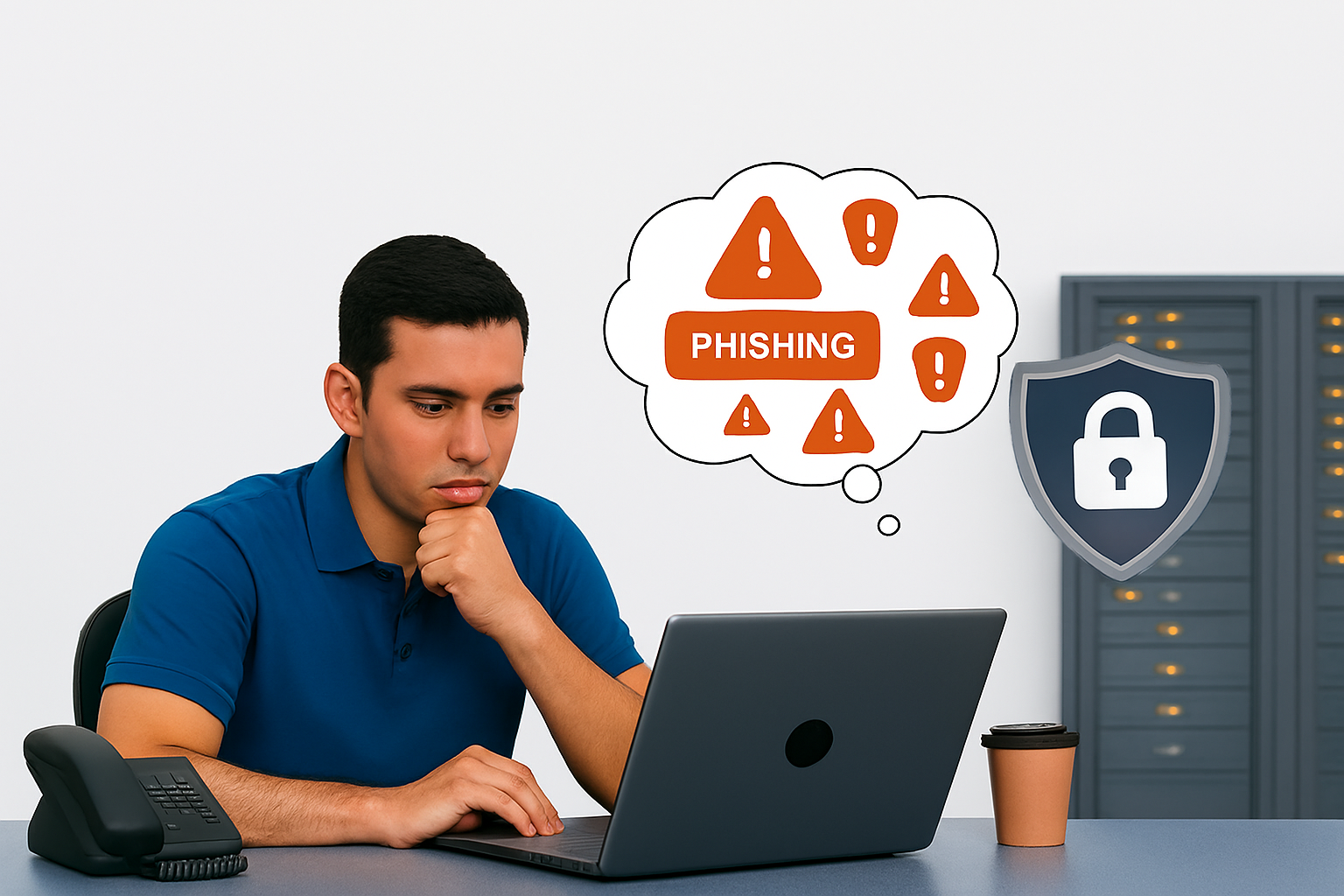 Strategies For Network Defenders To Help Stop It Recruitment Fraud 1 Realistic Image Of A Cybersecurity Analyst In A Blue Polo Reviewing Phishing Alerts And Job Application Data To Prevent It Recruitment Fraud