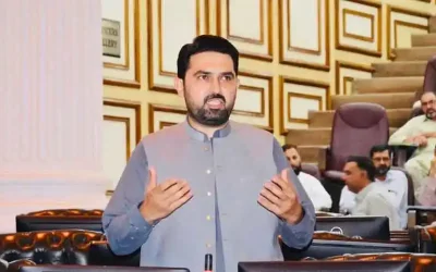 Sohail Afridi speaking passionately in Khyber Pakhtunkhwa assembly hall, gesturing with open arms amid ornate wooden decor and seated parliamentarians.