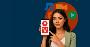 A stylish young woman in modern attire holds a smartphone displaying the VidMate app logo, with media icons in the background symbolizing video, music, and streaming.