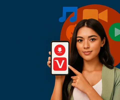 A Stylish Young Woman In Modern Attire Holds A Smartphone Displaying The Vidmate App Logo, With Media Icons In The Background Symbolizing Video, Music, And Streaming.
