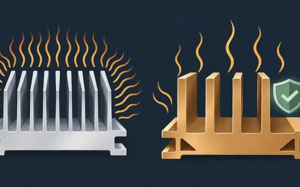 Illustration Comparing An Aluminum Heat Sink Fin With Dense Heat-Transfer Lines Against A Bronze Fin With Fewer Heat Lines But Greater Structural Thickness And A Shield Icon