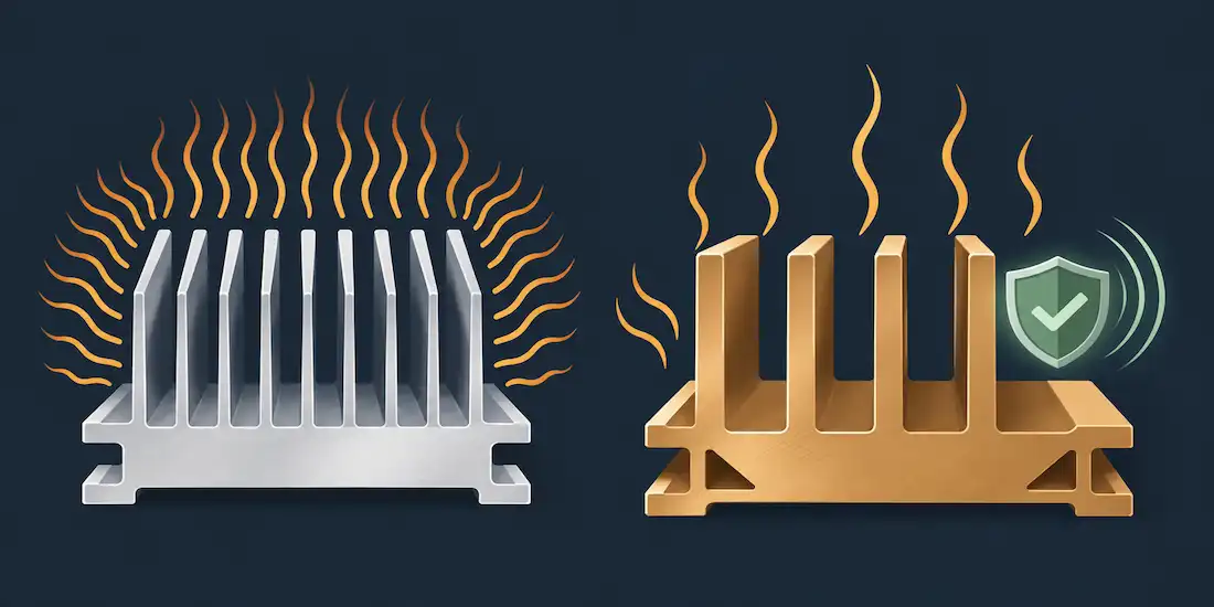 5G Heat Dissipation Challenges: What Actually Works, And Where Precision Cnc Machining Fits In 1 Illustration Comparing An Aluminum Heat Sink Fin With Dense Heat-Transfer Lines Against A Bronze Fin With Fewer Heat Lines But Greater Structural Thickness And A Shield Icon
