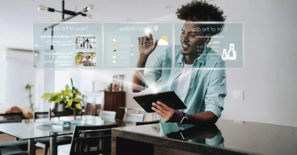 A young man, with an afro and casual shirt, interacts with a holographic, transparent screen displaying information like weather, news headlines, and a diet plan, while holding a tablet in his hands, illustrating the concept of ambient intelligence and futuristic AI interaction in a home setting.