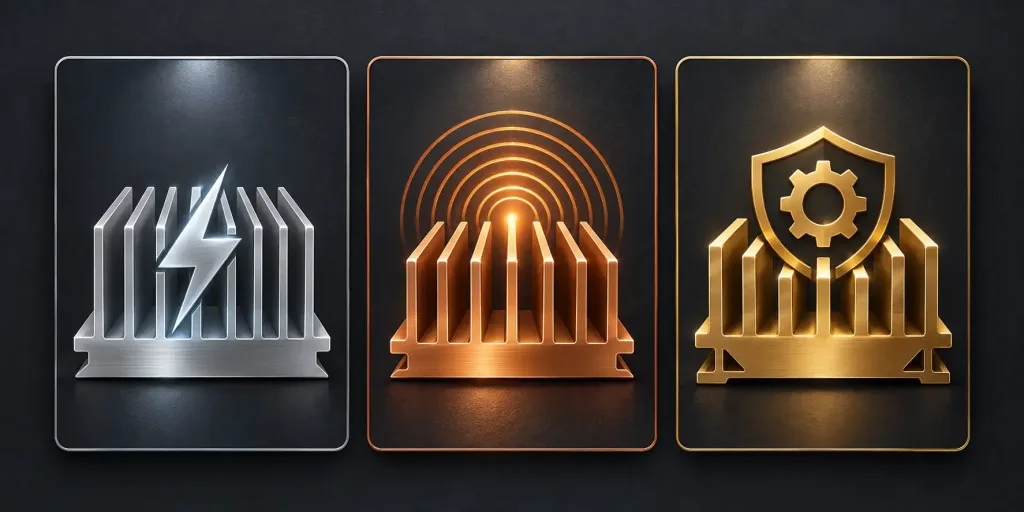 5G Heat Dissipation Challenges: What Actually Works, And Where Precision Cnc Machining Fits In 2 Three Elegant Comparison Cards Representing Aluminum, Copper, And Bronze, Each Marked With An Icon For Its Primary Role In Thermal And Structural Design