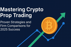 Illustration of Bitcoin with an upward arrow and trading chart, representing crypto prop trading strategies and firm comparisons for 2025 success.