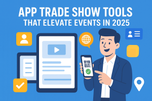 Illustration of a business professional using trade show apps on digital devices with QR code, icons, and digital tools promoting event technology in 2025.