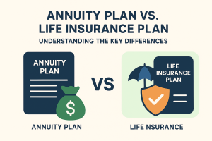Infographic comparing annuity plans and life insurance plans with icons representing income payouts and protection benefits, showing key differences for retirement and financial planning.