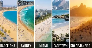 Aerial collage of iconic urban beaches: golden sands of Barcelona's Barceloneta with city skyline; curved Bondi Beach in Sydney with ocean waves; palm-fringed South Beach in Miami amid high-rises; rocky Clifton Beach in Cape Town against mountains; sunset over Copacabana in Rio de Janeiro with Sugarloaf backdrop.