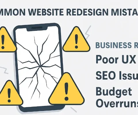 Common Website Redesign Mistakes Illustrated With Broken Screen And Warning Icons Highlighting Business Risks