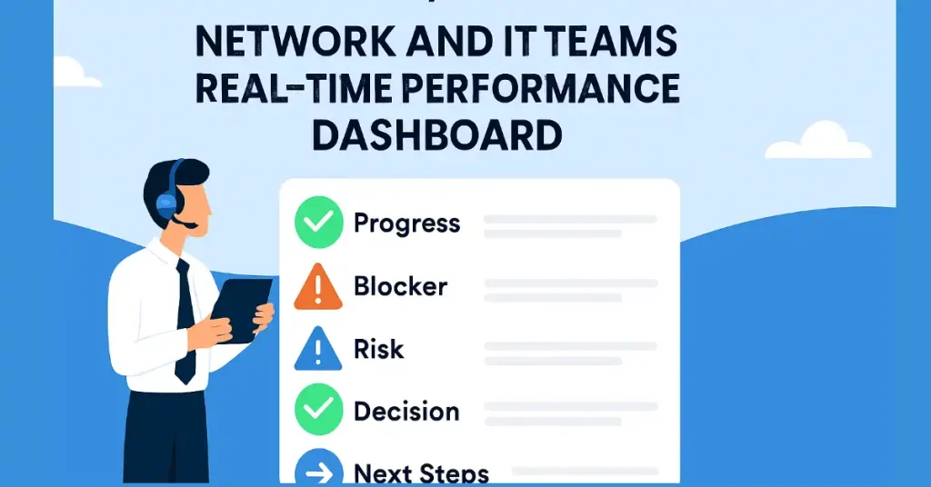 Network IT professional with headset viewing real-time team performance dashboard showing progress, blockers, risks, decisions, and next steps