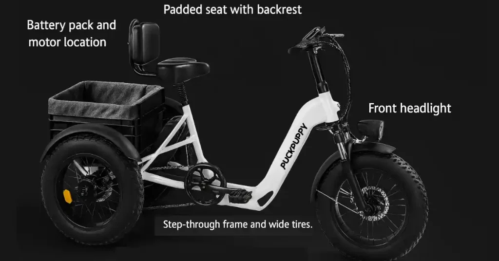 Puckipuppy Husky electric adult tricycle with step-through frame, padded seat, front headlight, wide tires, and rear cargo basket for stable everyday mobility.