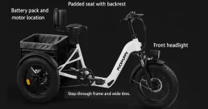 Puckipuppy Husky electric adult tricycle with step-through frame, padded seat, front headlight, wide tires, and rear cargo basket for stable everyday mobility.