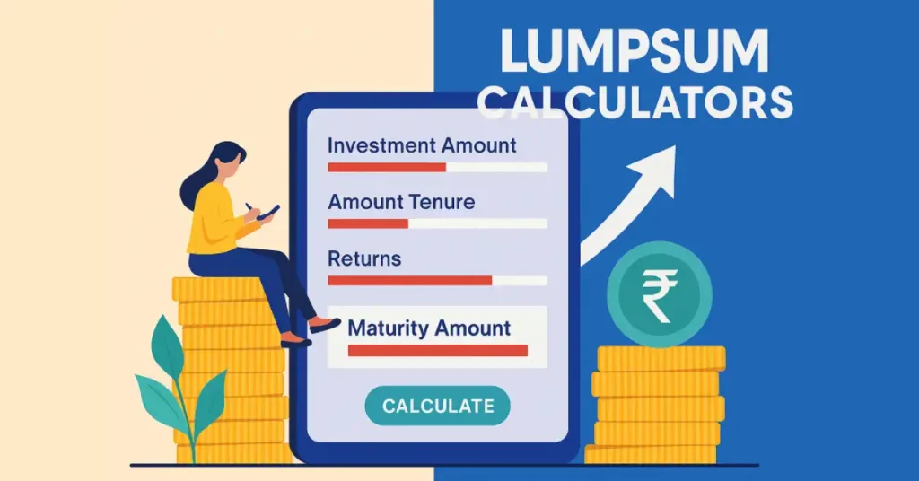 Woman calculating lumpsum investment growth on mobile app with maturity amount and rupee symbol
