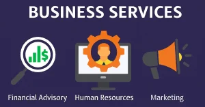 Icons of financial advisory magnifying glass with growth chart, human resources computer with gear and person, and marketing megaphone on dark blue background representing business services
