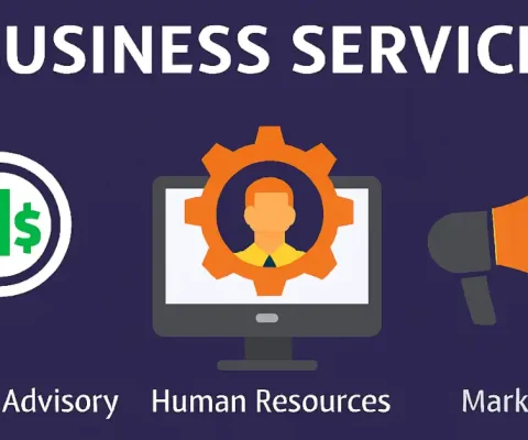 Icons Of Financial Advisory Magnifying Glass With Growth Chart, Human Resources Computer With Gear And Person, And Marketing Megaphone On Dark Blue Background Representing Business Services