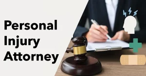 Quality personal injury attorney with gavel signing documents amid medical icons and stress symbol