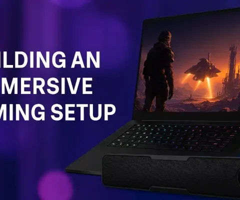 Razer 18-Inch Gaming Laptop With Rgb Keyboard Running A Sci-Fi Game Above A Compact Soundbar On Purple Bokeh Background – Building An Immersive Gaming Experience