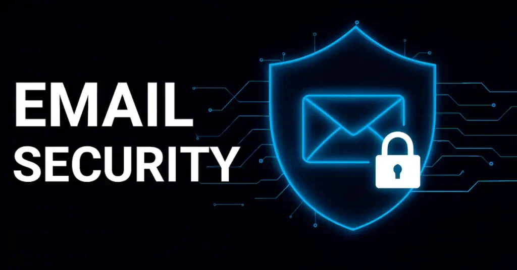 Neon blue shield protecting locked email envelope with circuit lines on black background – email security 2025