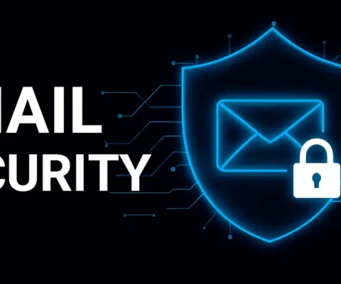 Neon Blue Shield Protecting Locked Email Envelope With Circuit Lines On Black Background – Email Security 2025