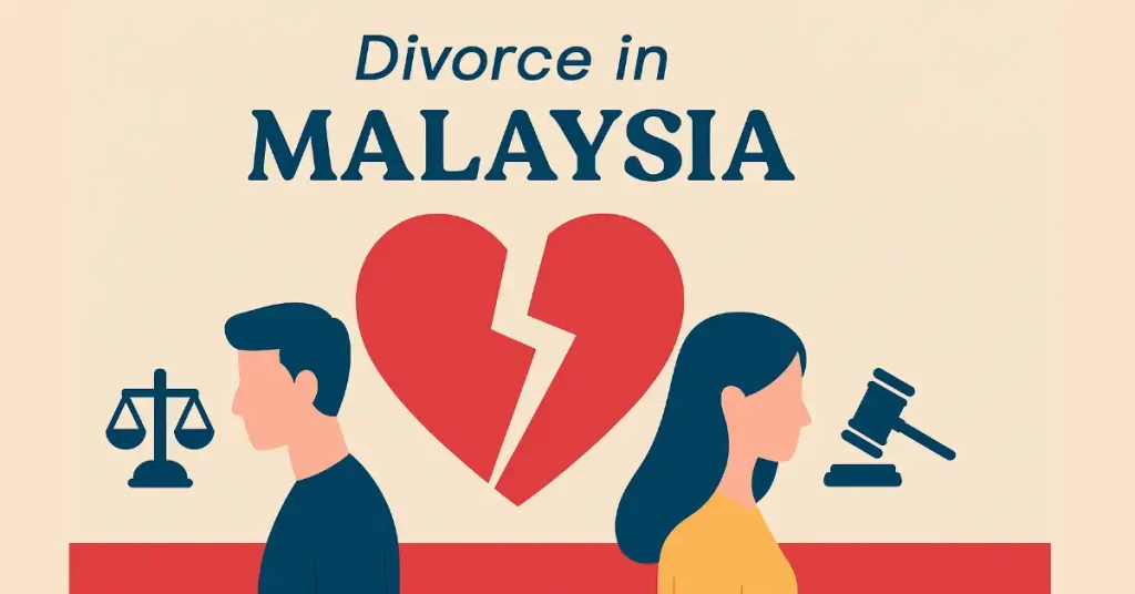 Symbolic vector illustration of a man with scales and a woman with gavel flanking a broken heart, representing divorce proceedings in Malaysia against a neutral beige backdrop.