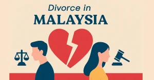 Symbolic vector illustration of a man with scales and a woman with gavel flanking a broken heart, representing divorce proceedings in Malaysia against a neutral beige backdrop.
