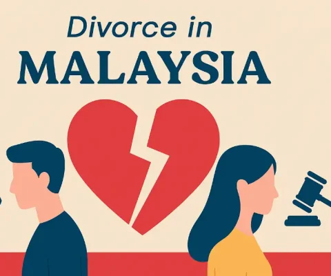 Symbolic Vector Illustration Of A Man With Scales And A Woman With Gavel Flanking A Broken Heart, Representing Divorce Proceedings In Malaysia Against A Neutral Beige Backdrop.
