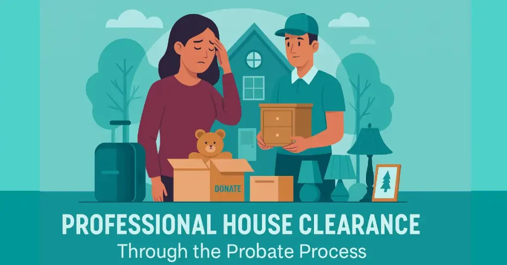motional illustration of grieving woman and professional mover handling donation boxes and furniture outside a home during probate house clearance, highlighting compassionate support after a loved one's passing.