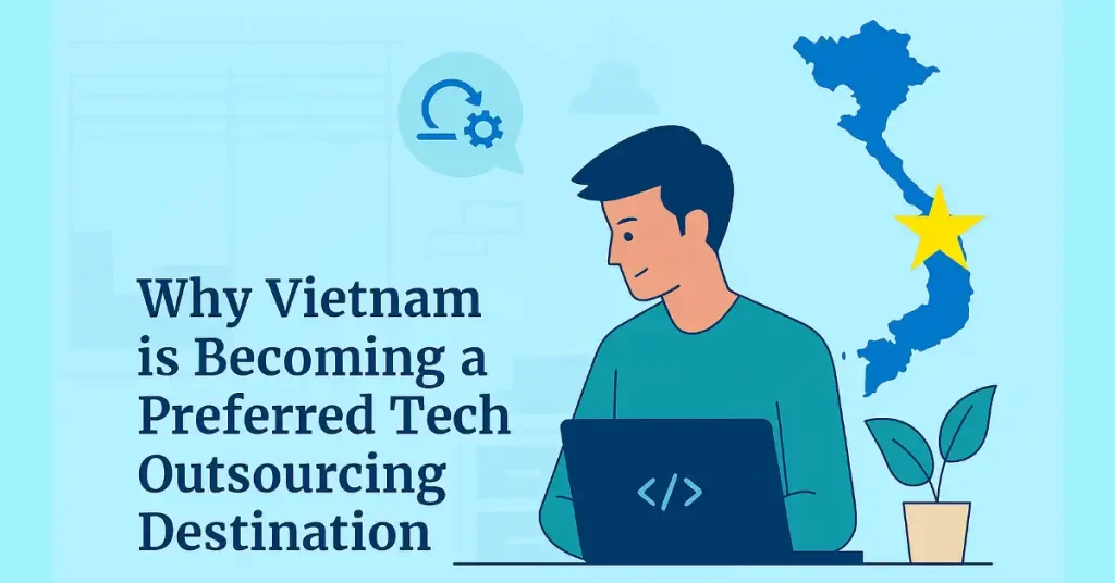 Illustrated professional man coding on laptop beside Vietnam map and gear icon, promoting tech outsourcing opportunities in Vietnam.