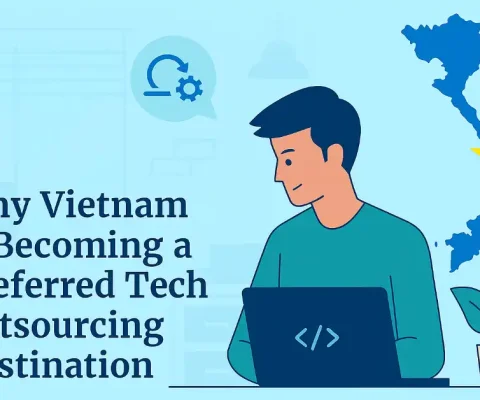 Illustrated Professional Man Coding On Laptop Beside Vietnam Map And Gear Icon, Promoting Tech Outsourcing Opportunities In Vietnam.